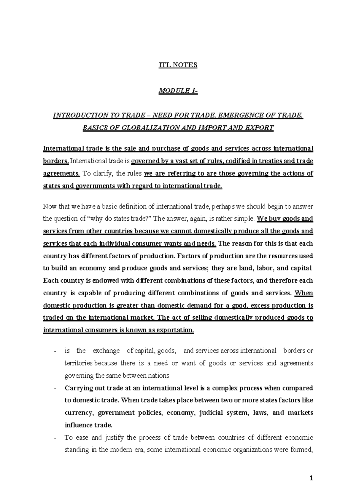 ITL Notes Module 1: Introduction to International Trade and ...