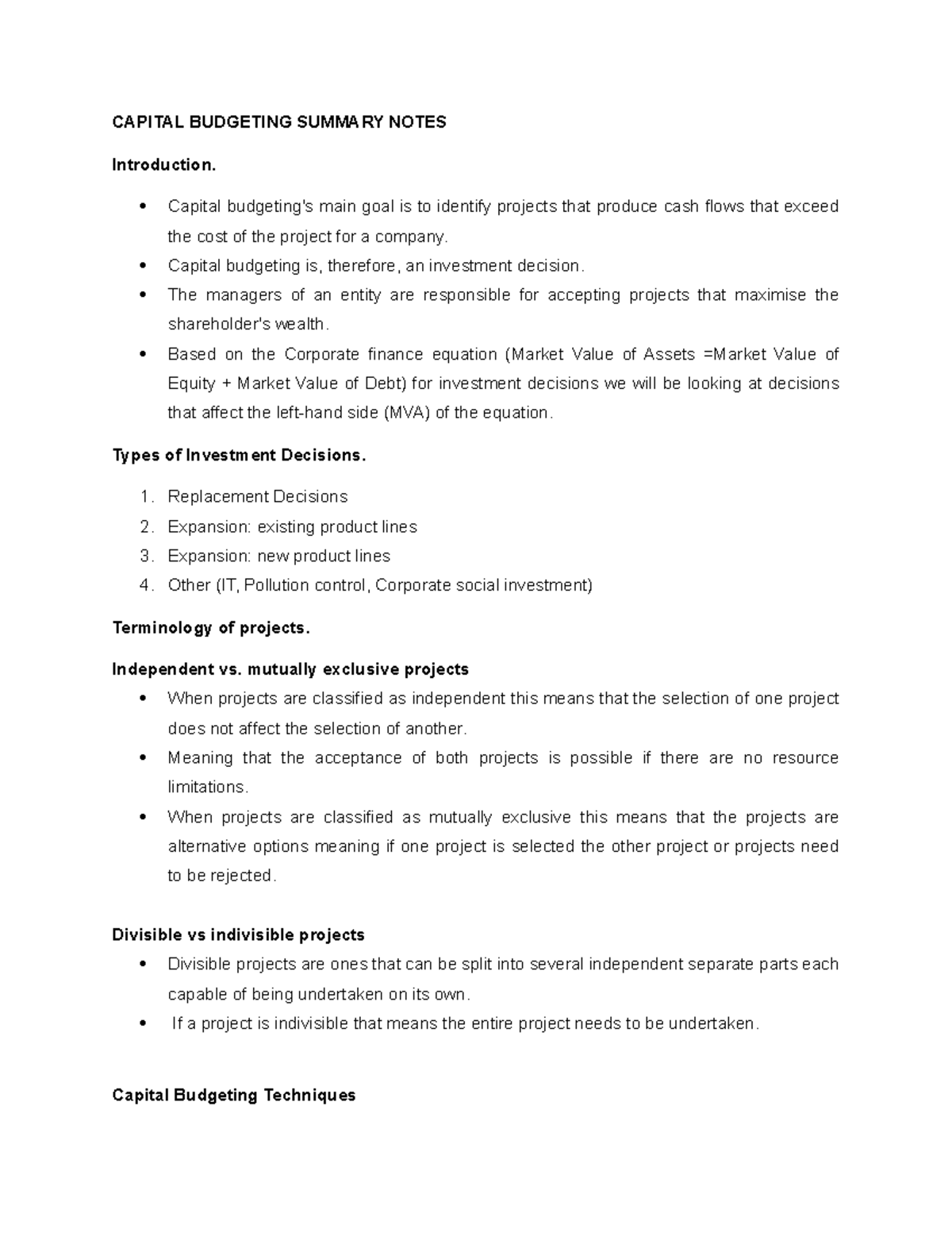 Capital Budgeting Summary Notes (FIN 301) - Studocu