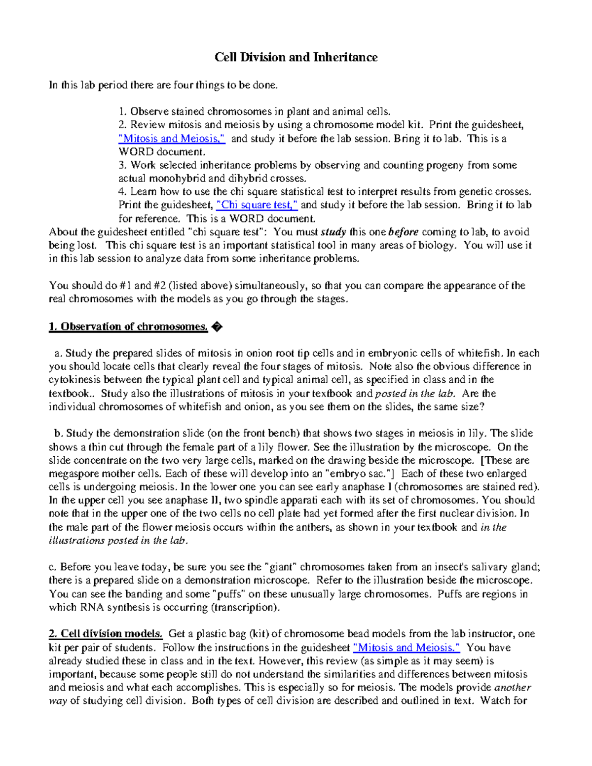 Lab Report: Cell Division, Inheritance, and Chi-Square Analysis (BIO101 ...