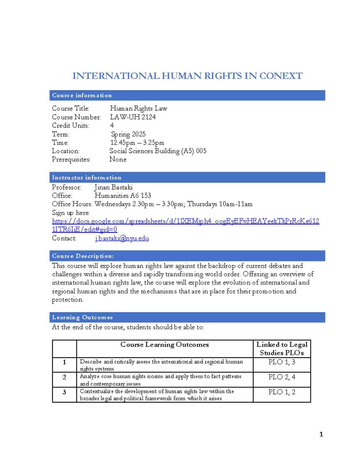 Human Rights Law 2124: Syllabus for Spring 2025 Course - Studocu