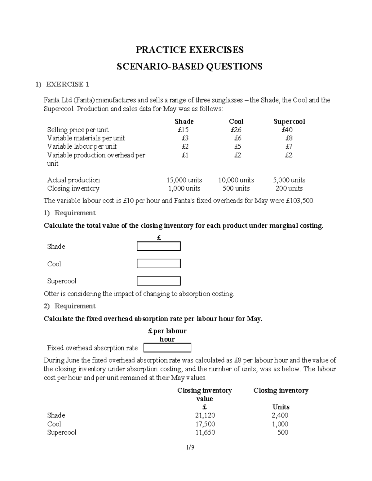 Practice Exercises Scenario Questions MI1 - PRACTICE EXERCISES SCENARIO ...