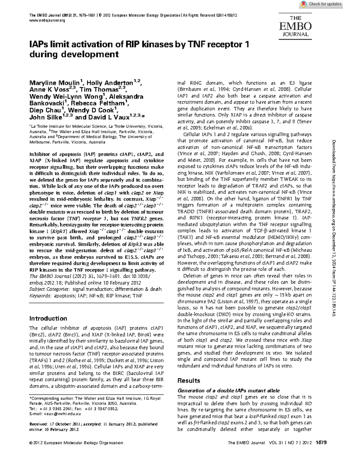 Moulin et al 2012 iaps limit activation of rip kinases by tnf receptor ...