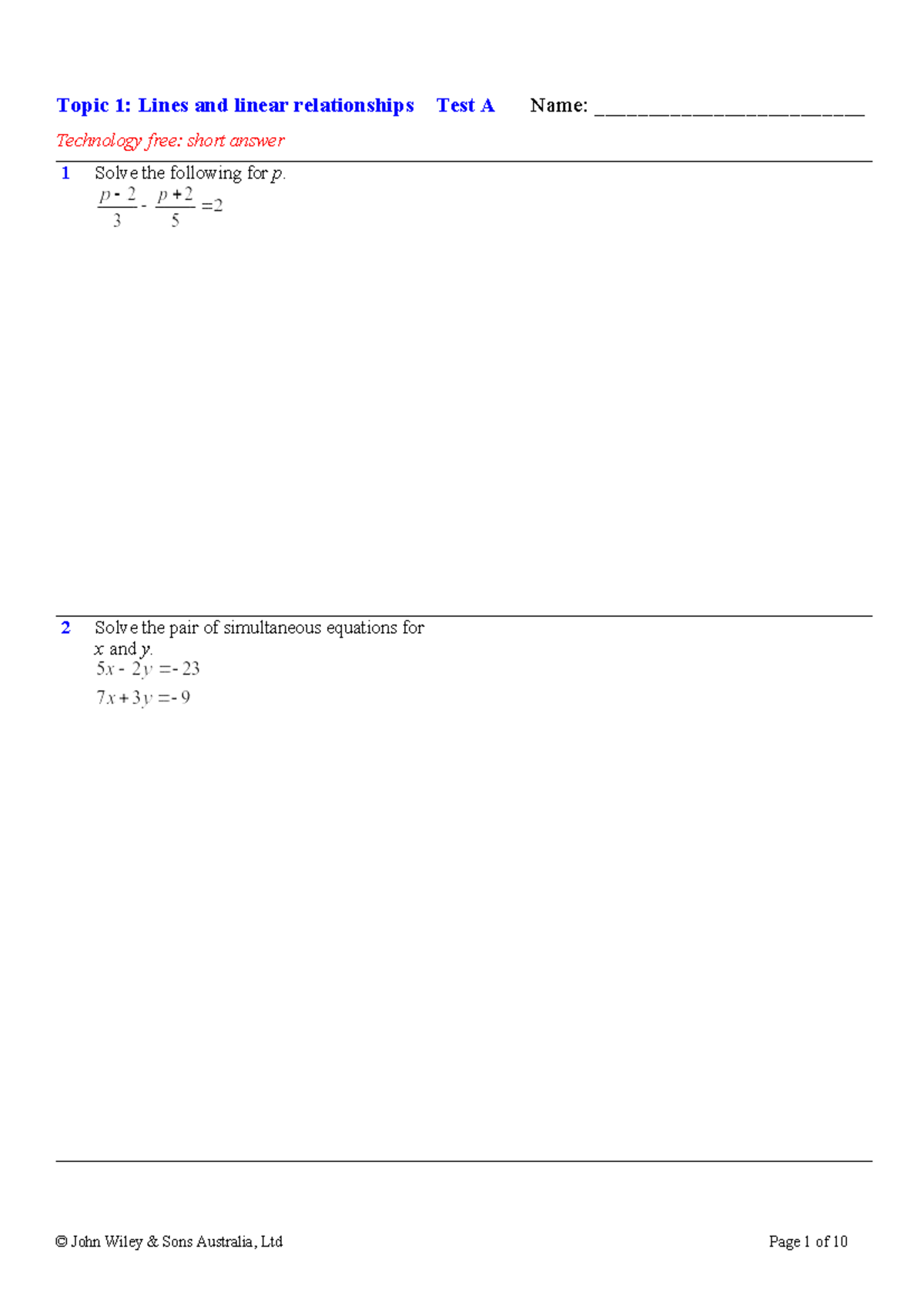Ch 1 Practice Test: Lines & Linear Relationships (Tech Free) - Studocu