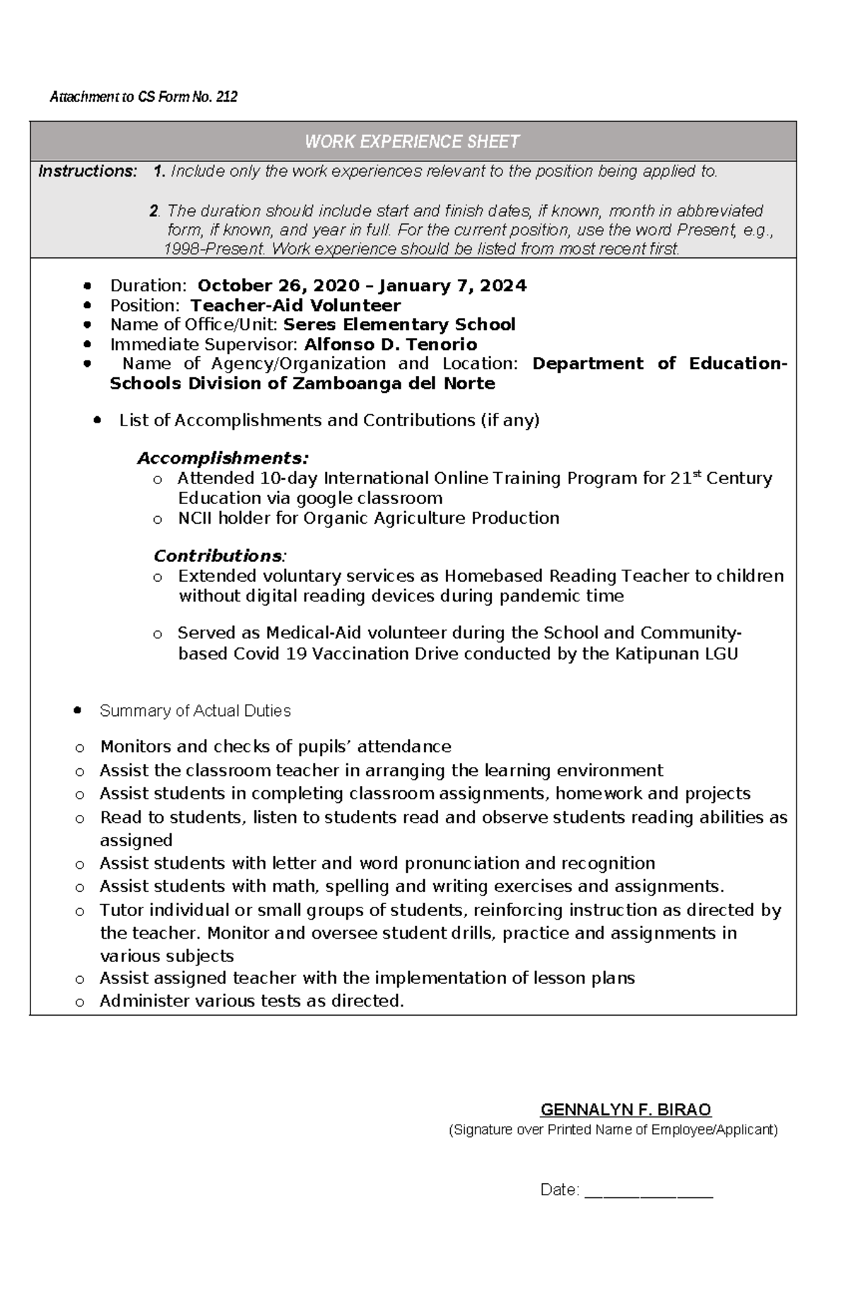 Work Experience Sheet for F212s (2017-2024) - Teacher-Aid Volunteer ...
