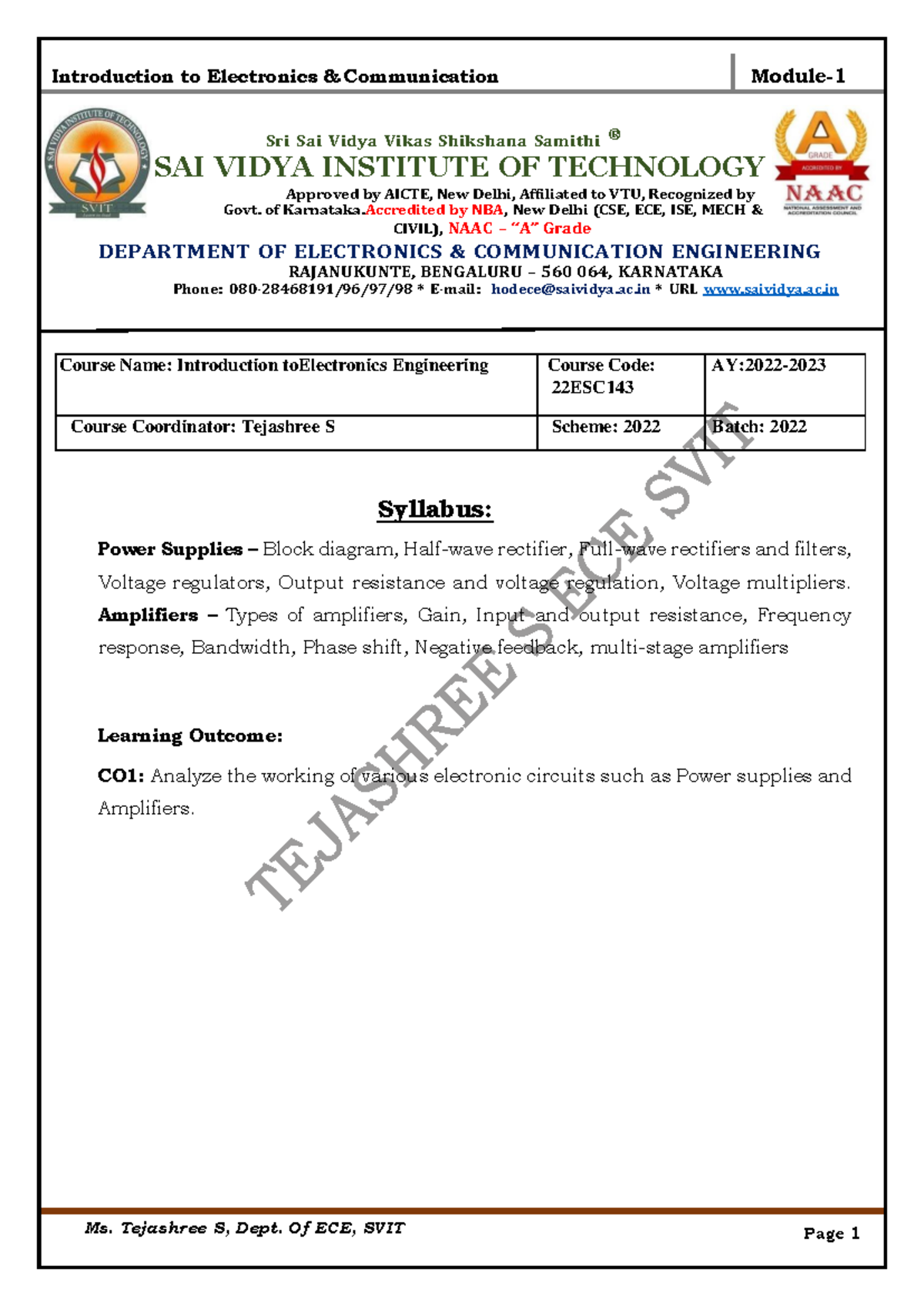 22ESC143 Introduction to Electronics Engineering Module 1 Notes - Studocu