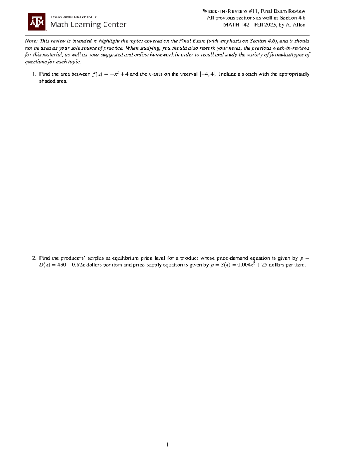 Week in review final exam review for MATH 142 Fall 2023 - Studocu