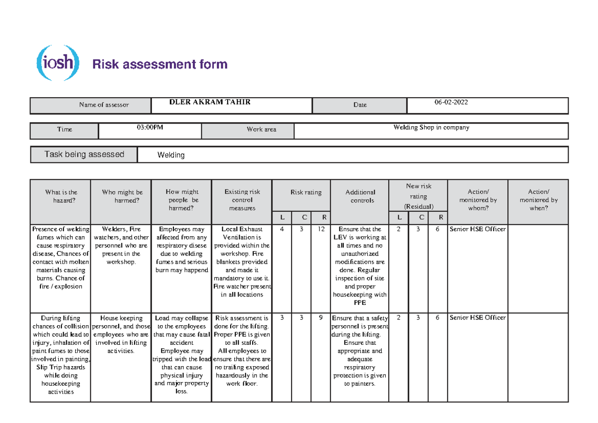 IOSH Project Risk Assessment: DLER AKRAM TAHIR - Welding & Lifting ...