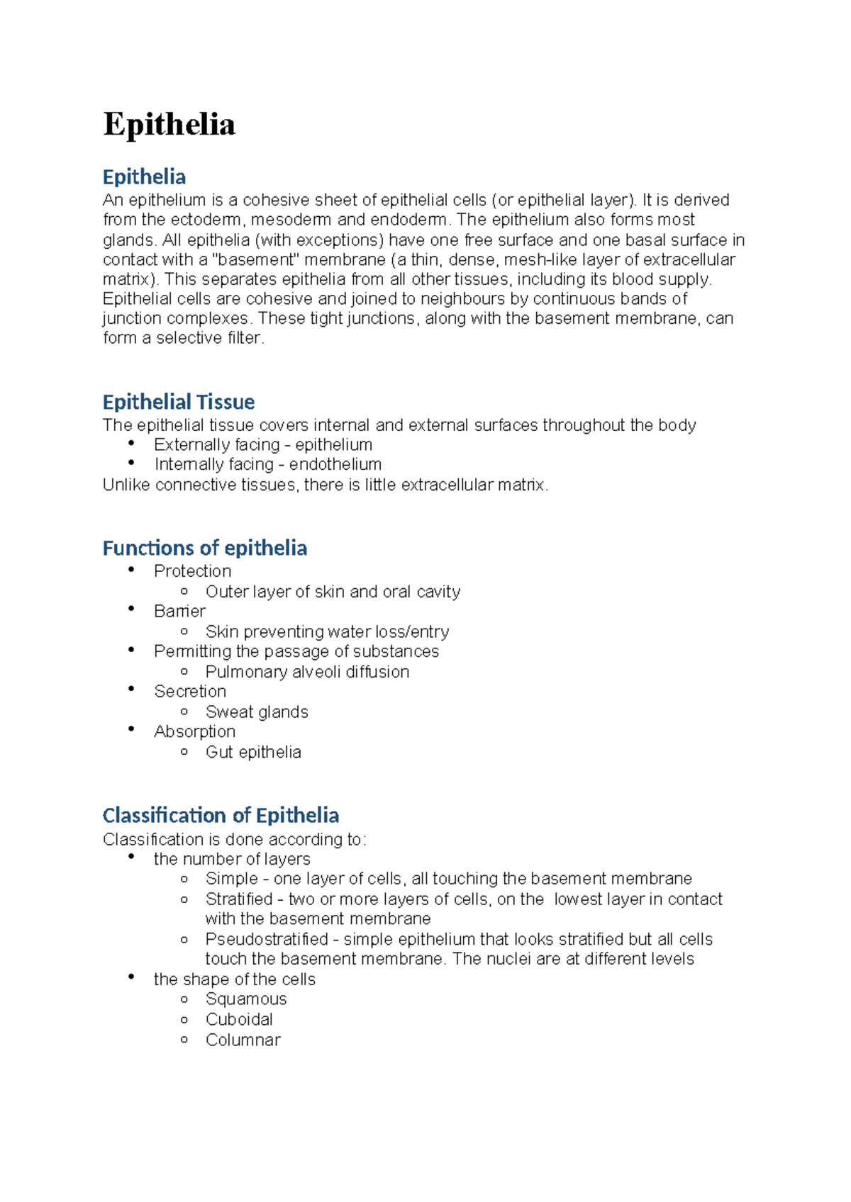 Epithelia Overview: Types, Functions, and Glandular Structures - Studocu