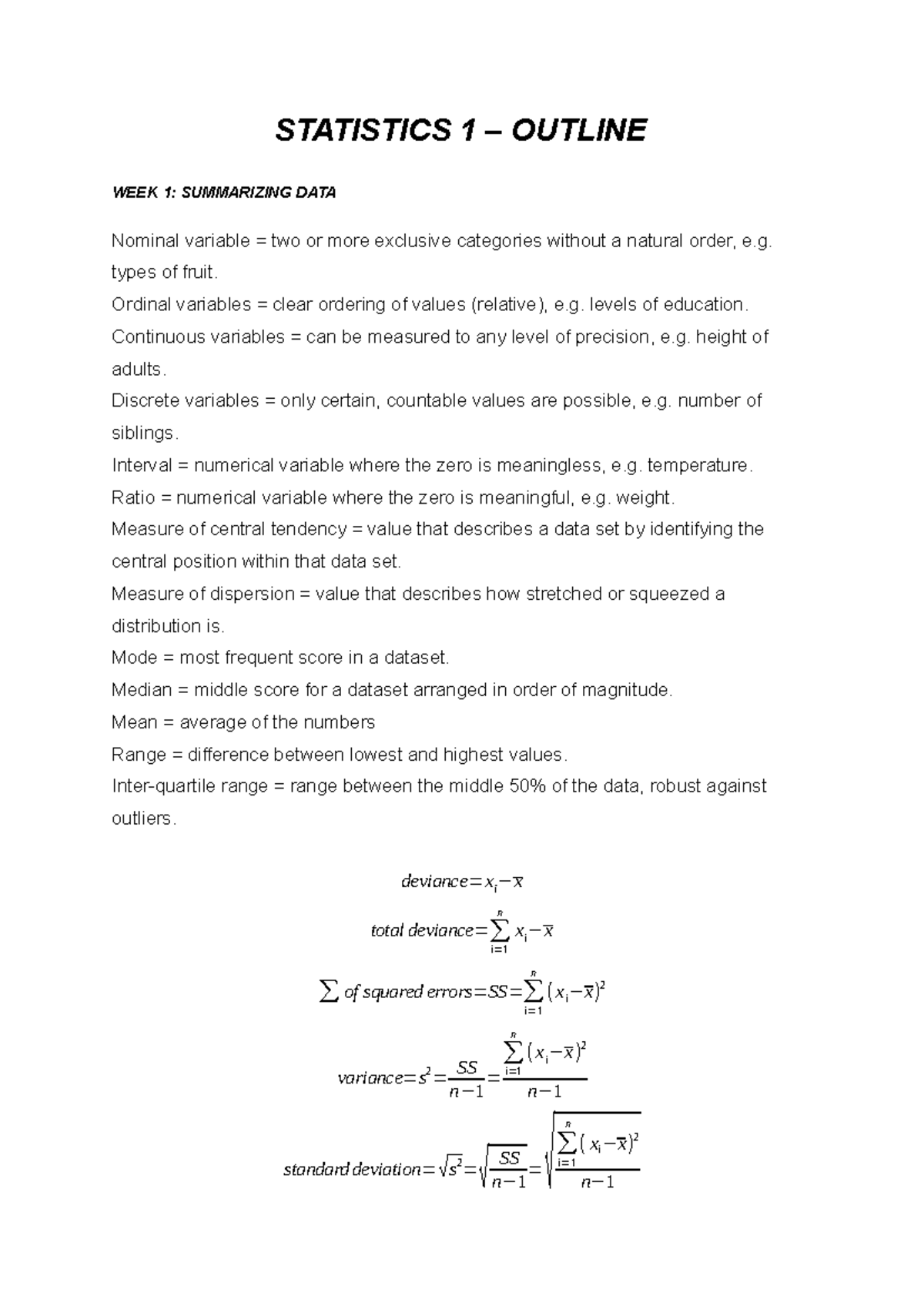 STATISTICS 1 OUTLINE: WEEKLY SUMMARY OF DATA ANALYSIS CONCEPTS ...