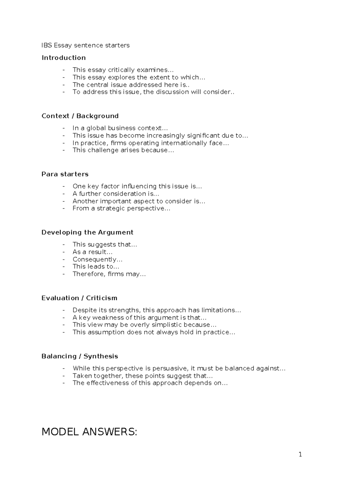 IBS Essay Plans: Strategies for Sustainable Competitive Advantage - Studocu