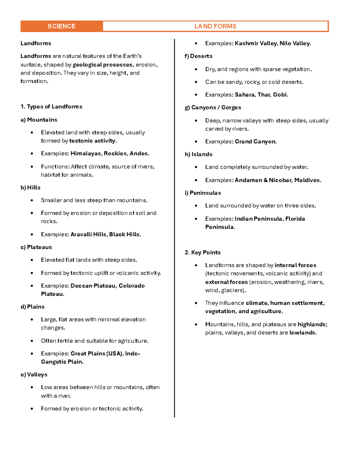 SCIENCE Landforms: Types, Examples, and Key Points - Studocu