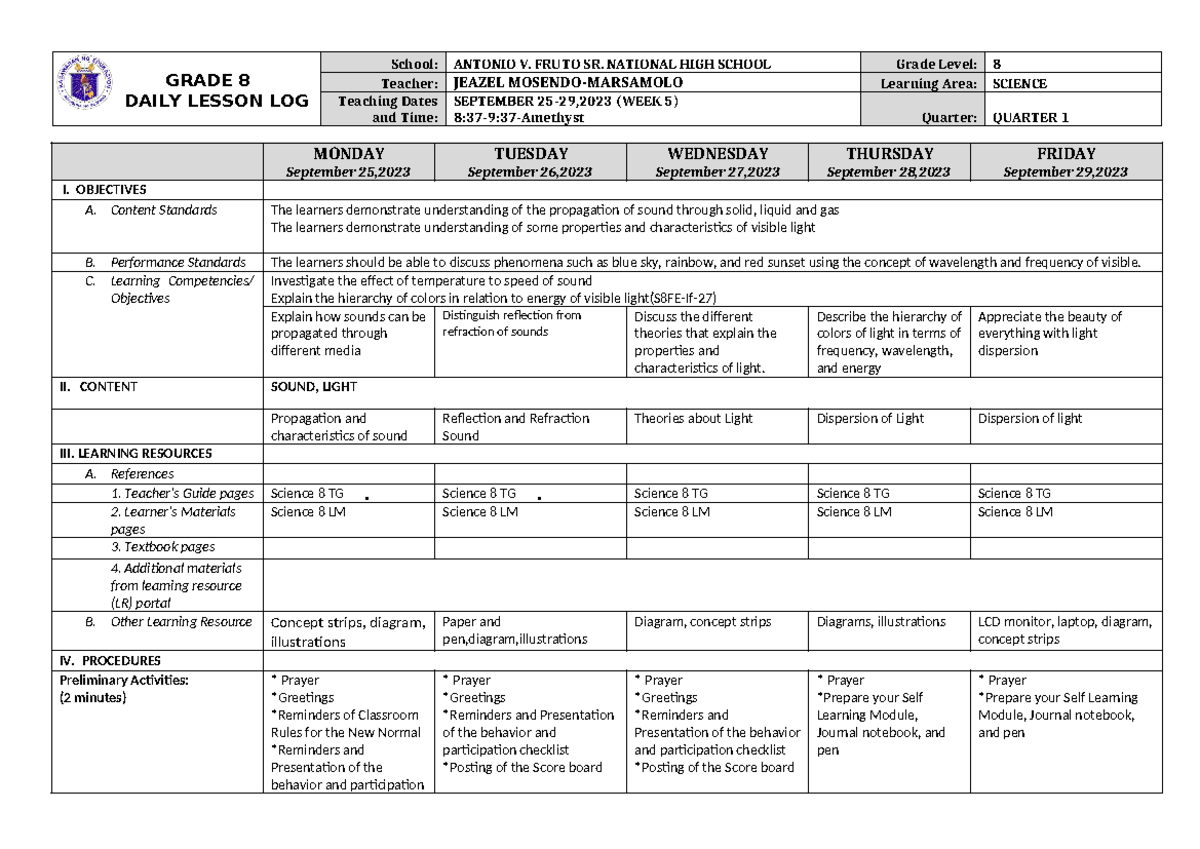 First quarter dll week 5 - GRADE 8 DAILY LESSON LOG School: ANTONIO V ...
