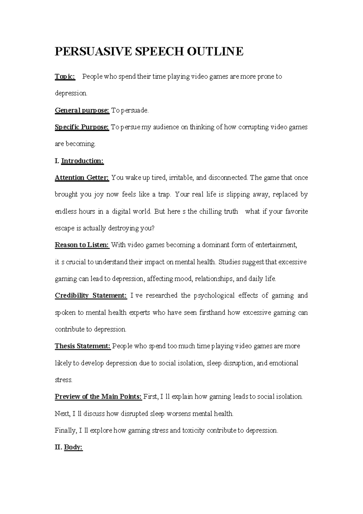 PERSUASIVE SPEECH OUTLINE: Video Games & Depression Impact - Studocu