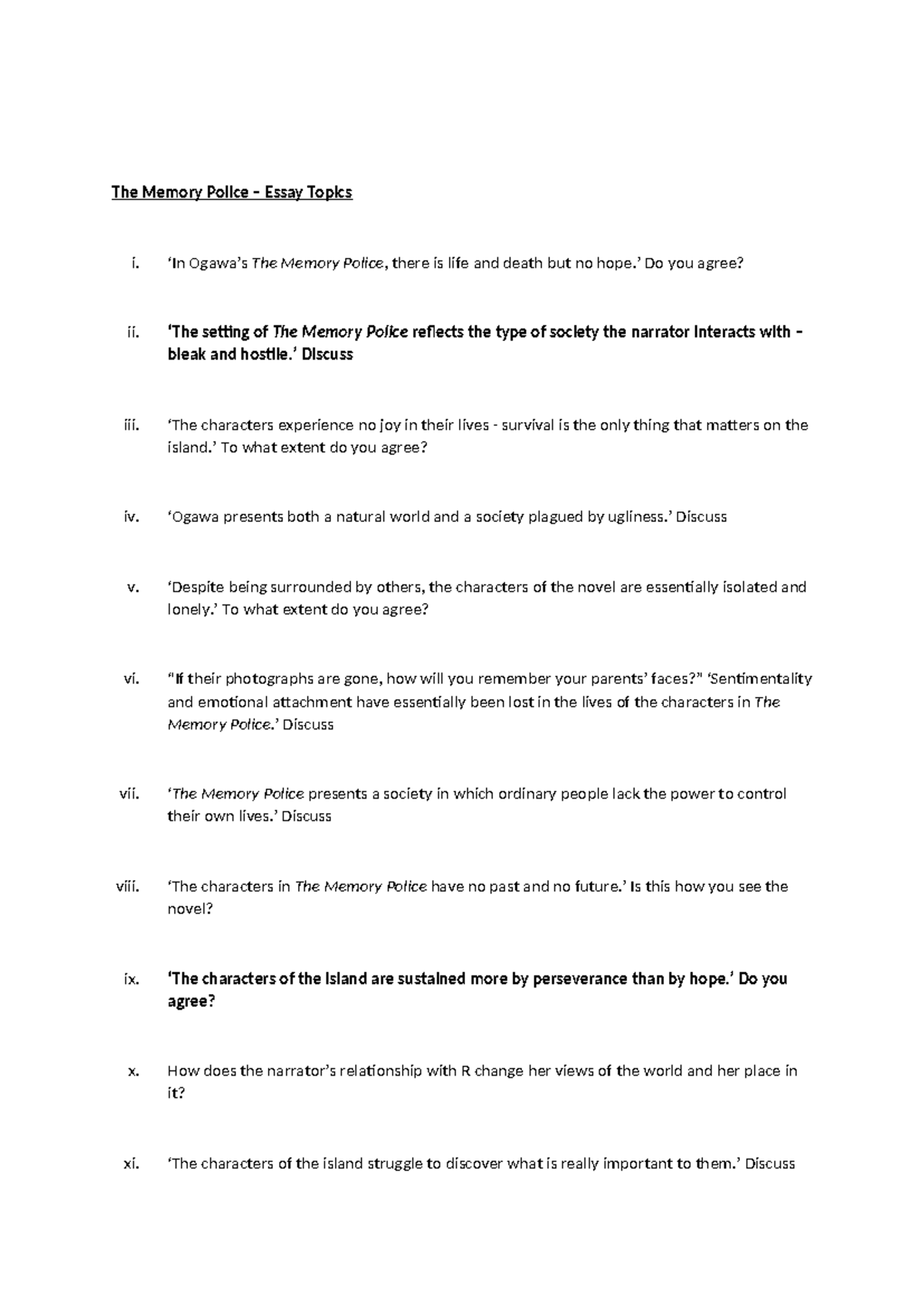 The Memory Police Essay Prompts and Discussion Questions - Studocu