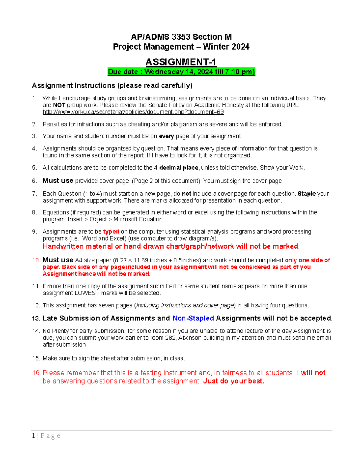 ADMS 3353 - W2024 - Project Management Assignment #1 Guidelines - Studocu