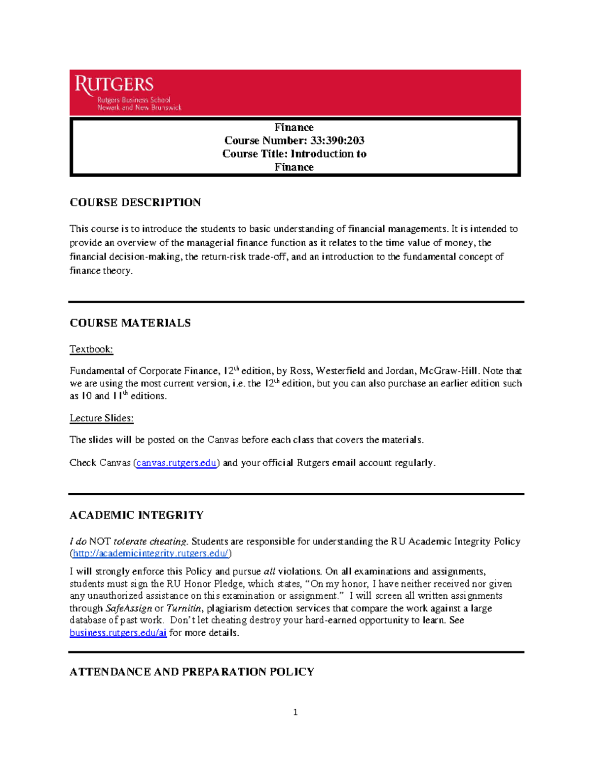 33:390:203 - Introduction to Finance Syllabus and Course Overview - Studocu