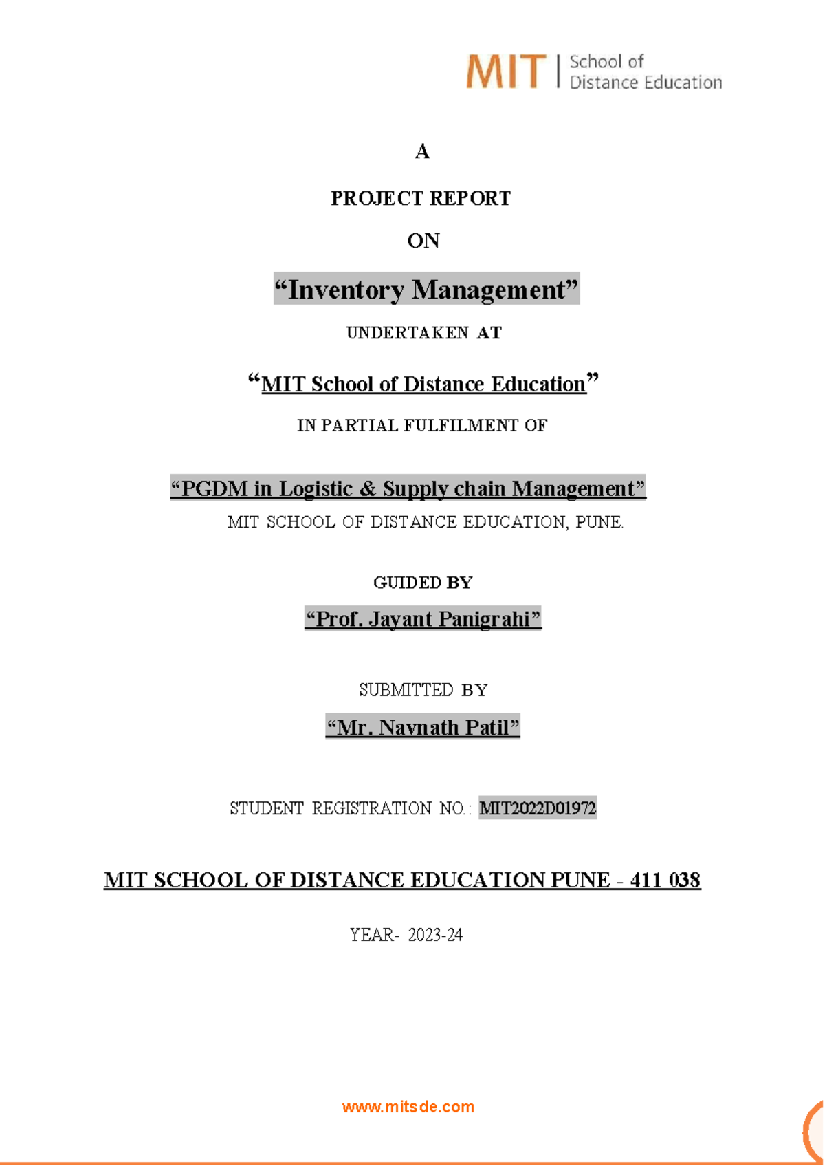Project Report on Inventory Management (PGDM-LSCM) at MIT School - Studocu