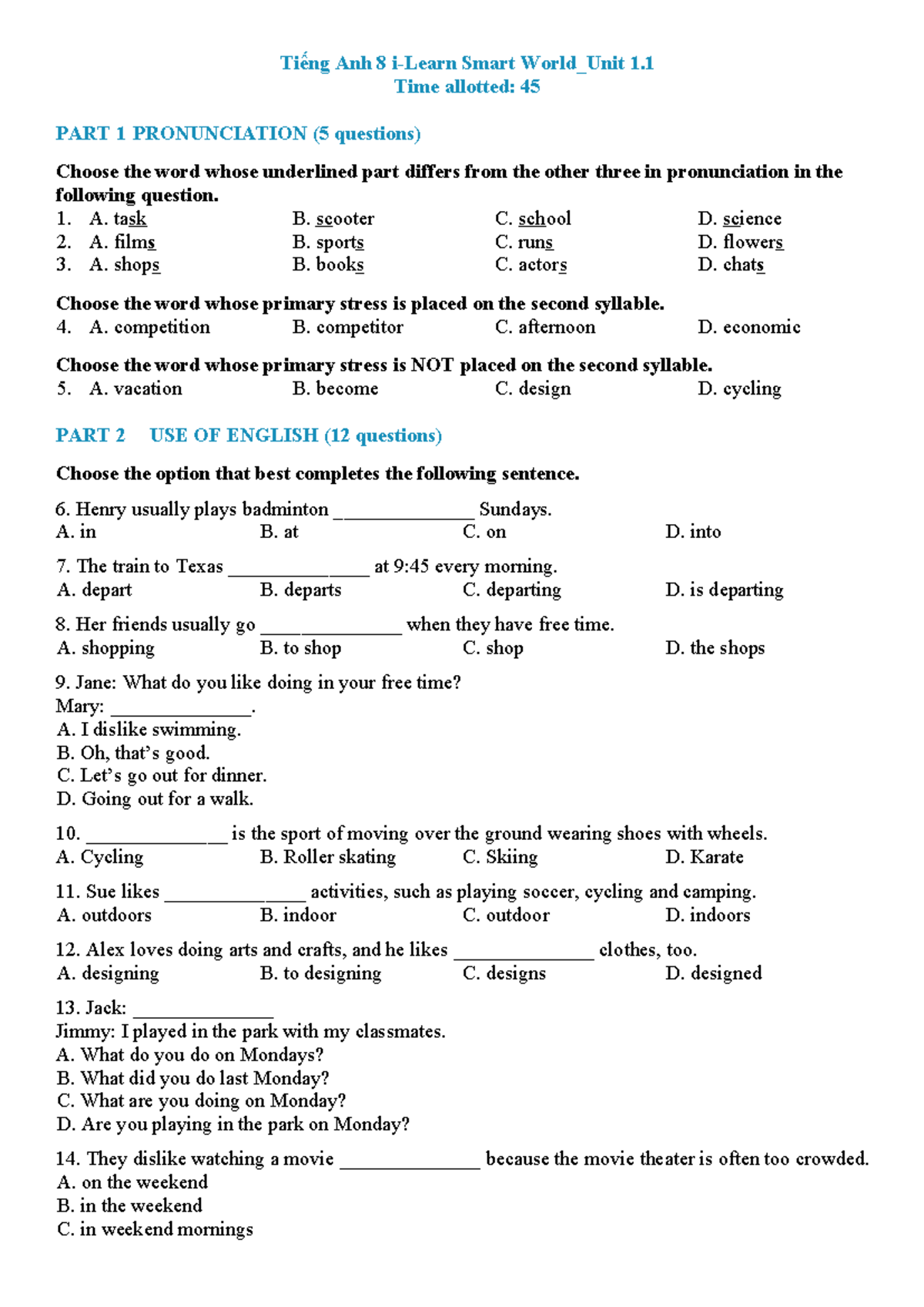 Tiếng Anh 8 - Unit 1: Pronunciation & Use of English Exercises - Studocu