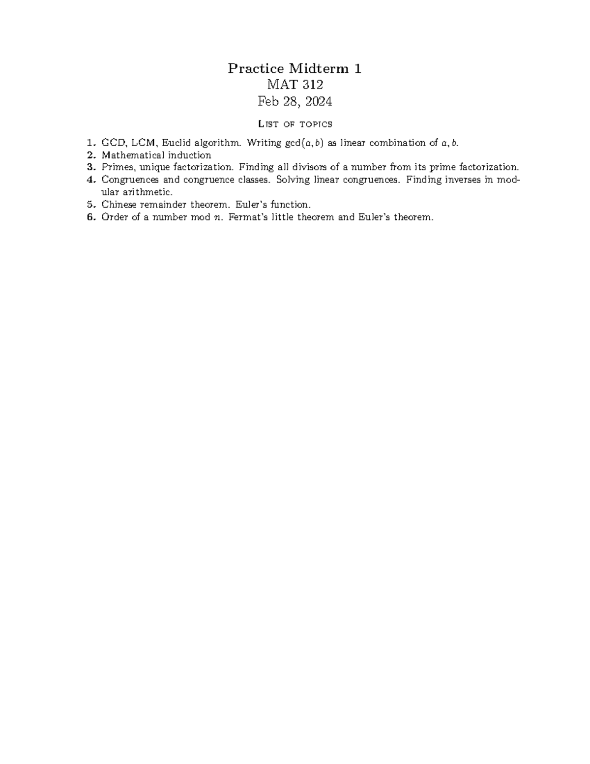 Practice Midterm 1 MAT 312 - Topics on GCD, Induction, and Congruences ...