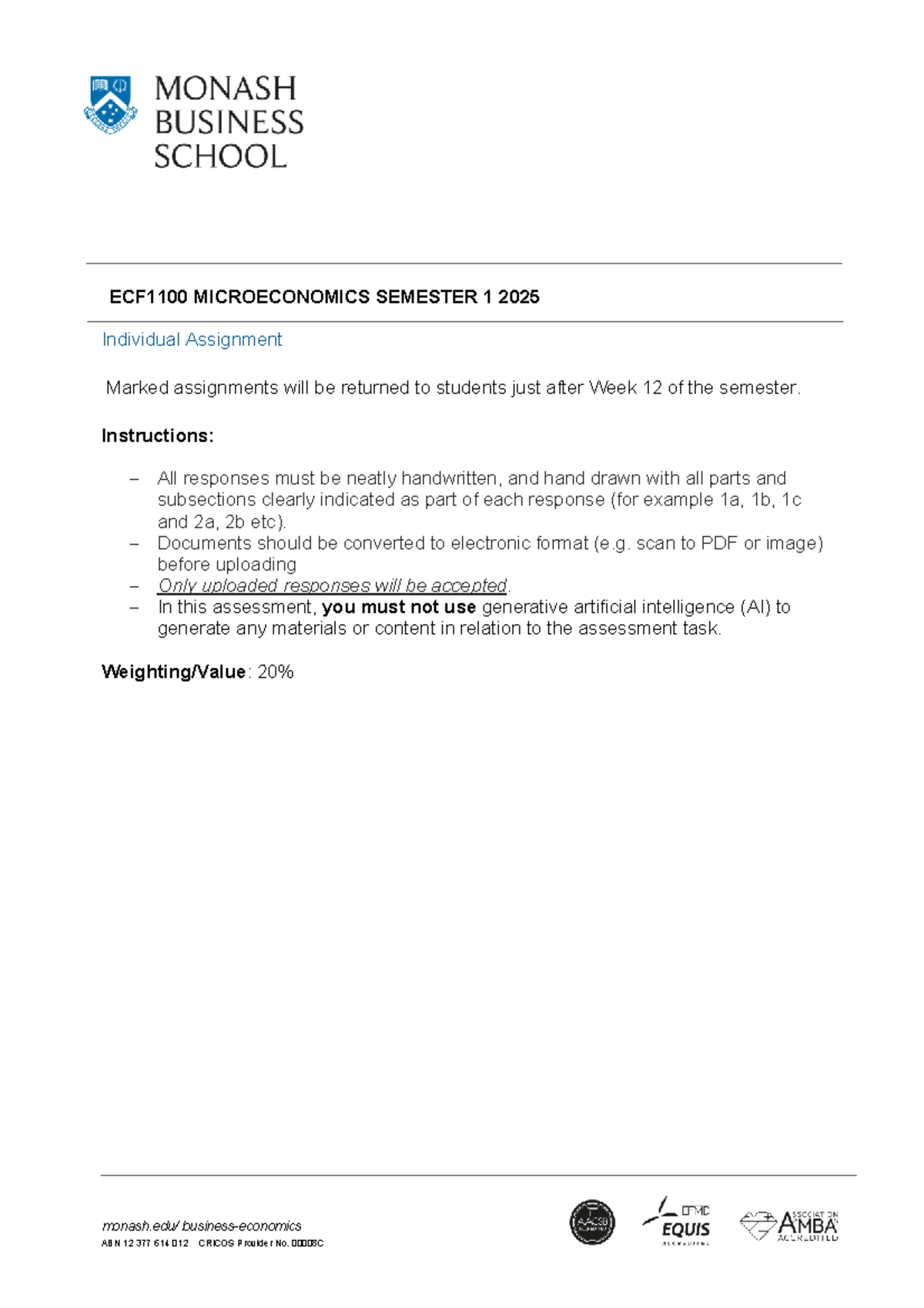 ECF1100 Microeconomics S1 2025 Individual Assignment Guidelines - Studocu