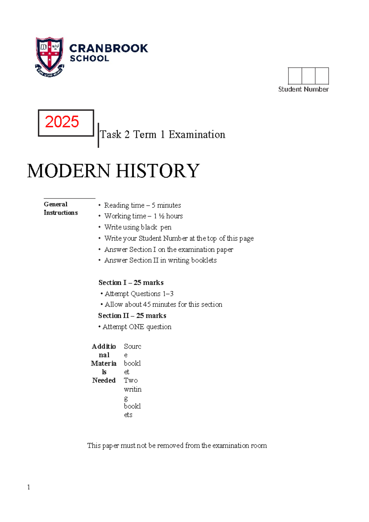 2025 HSC Modern History Term 1 Exam Instructions and Questions - Studocu