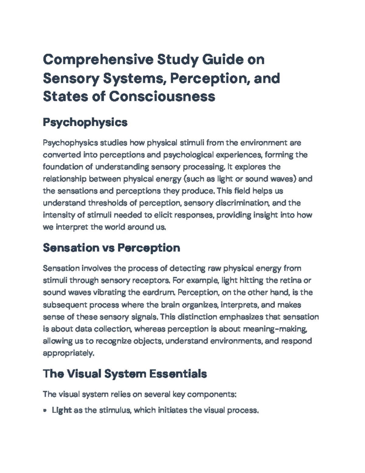 Comprehensive Study Guide for PSY 101: Sensory Systems & Consciousness ...