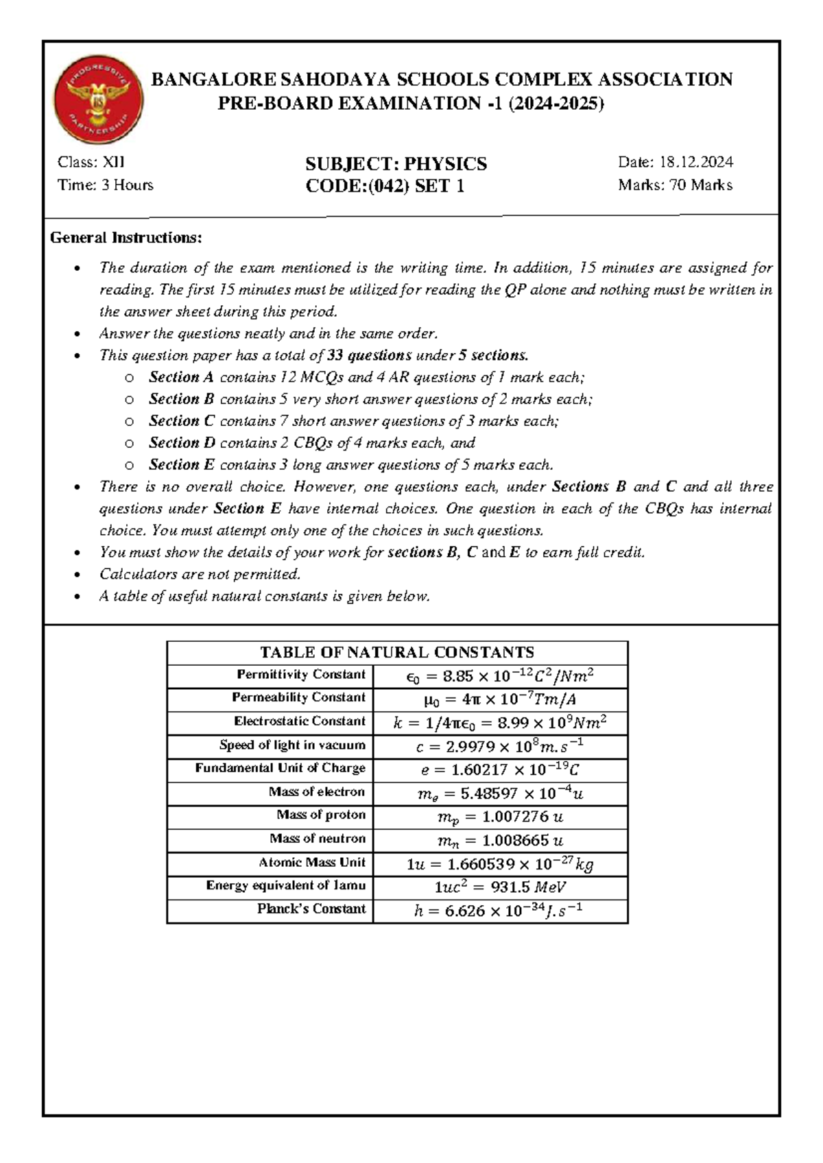BANGALORE SAHODAYA SCHOOLS COMPLEX PHYSICS EXAM Class XII CODE: 042 SET ...