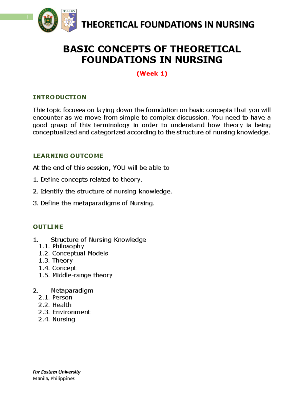 TFN 101 Week 1: Foundations of Nursing Theory Notes - Studocu