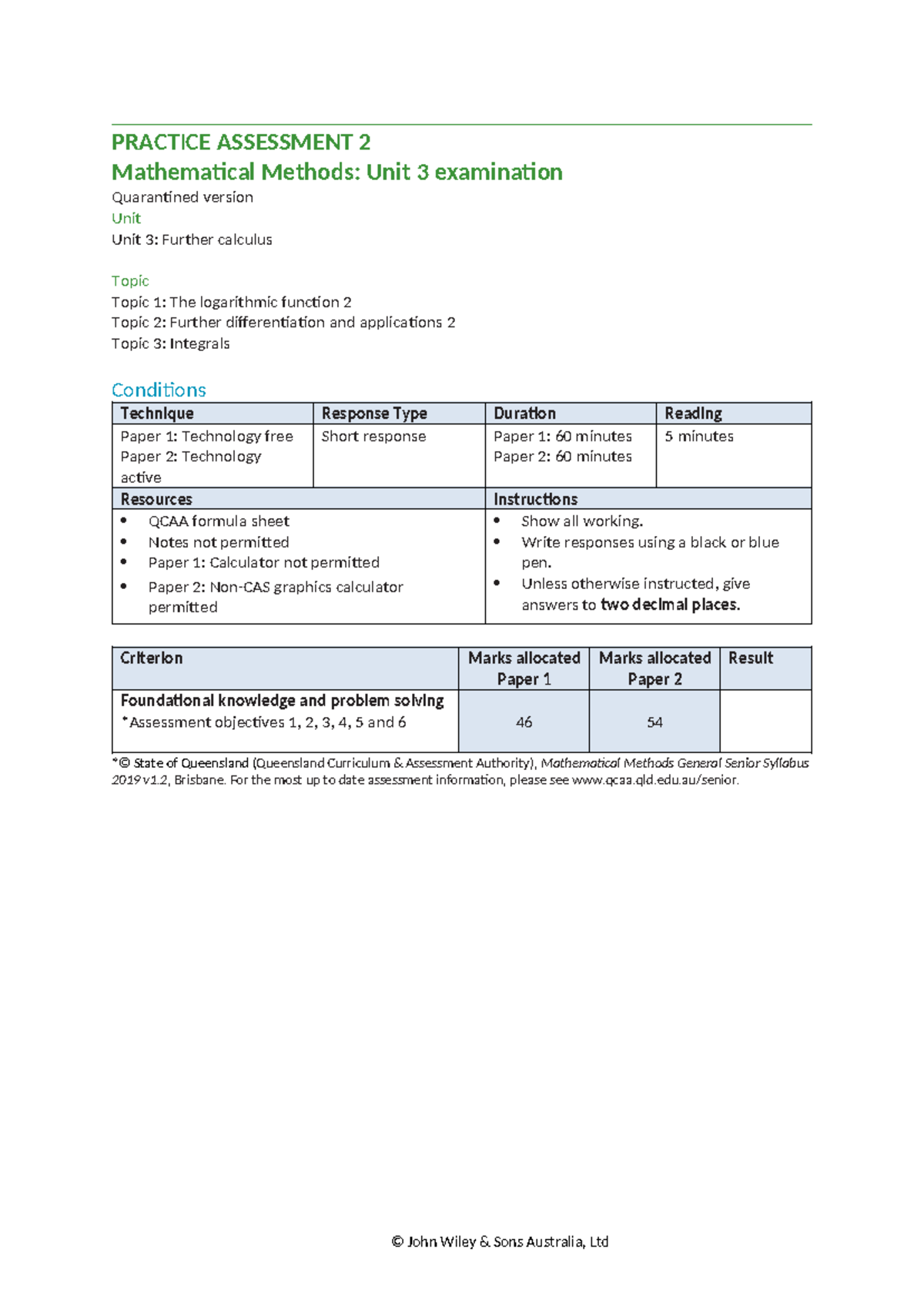 Mathematical Methods MAM IA2 Practice Exam 2: Further Calculus Topics ...