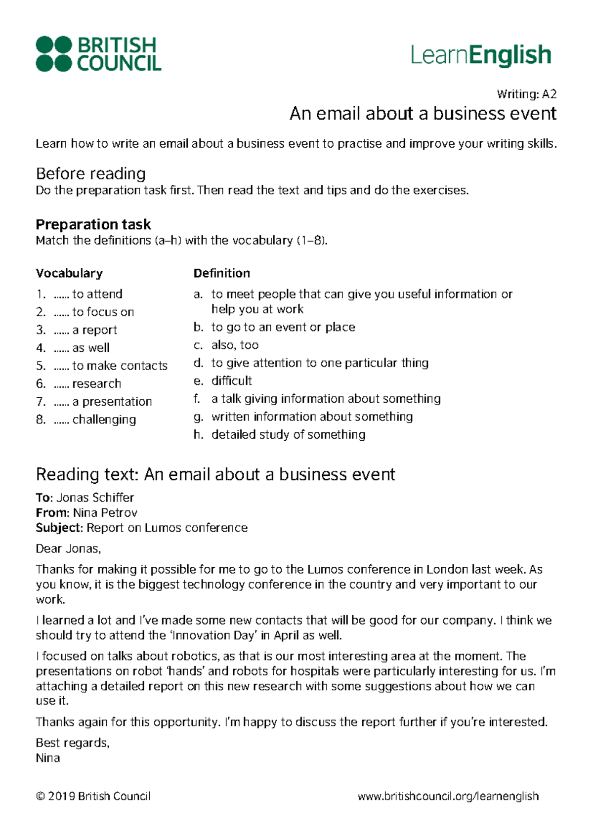 Learn English-Writing-A2-An-email-about-a-business-event 0 - Writing: A ...