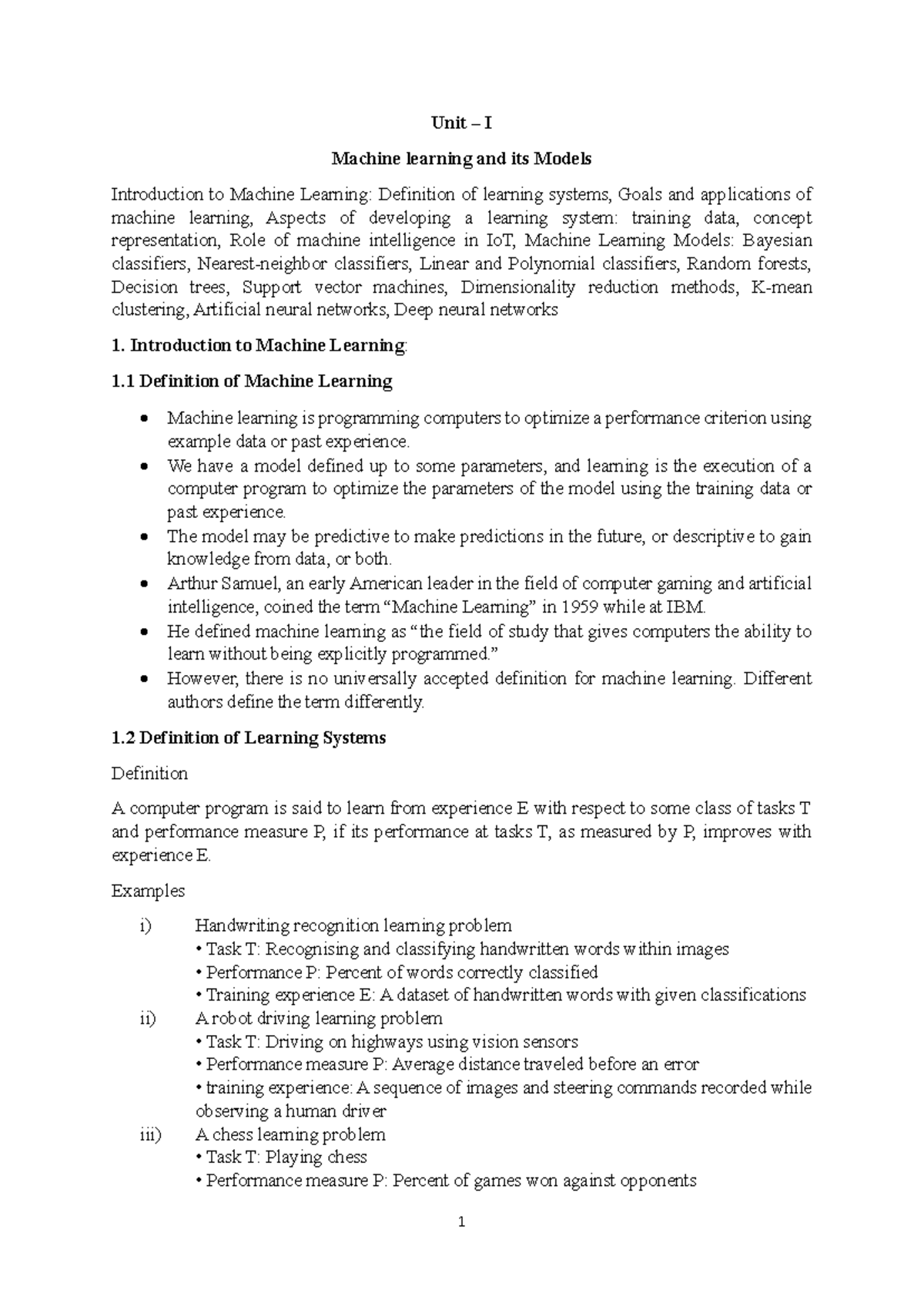 Unit I: Introduction to Machine Learning Models and Applications - Studocu