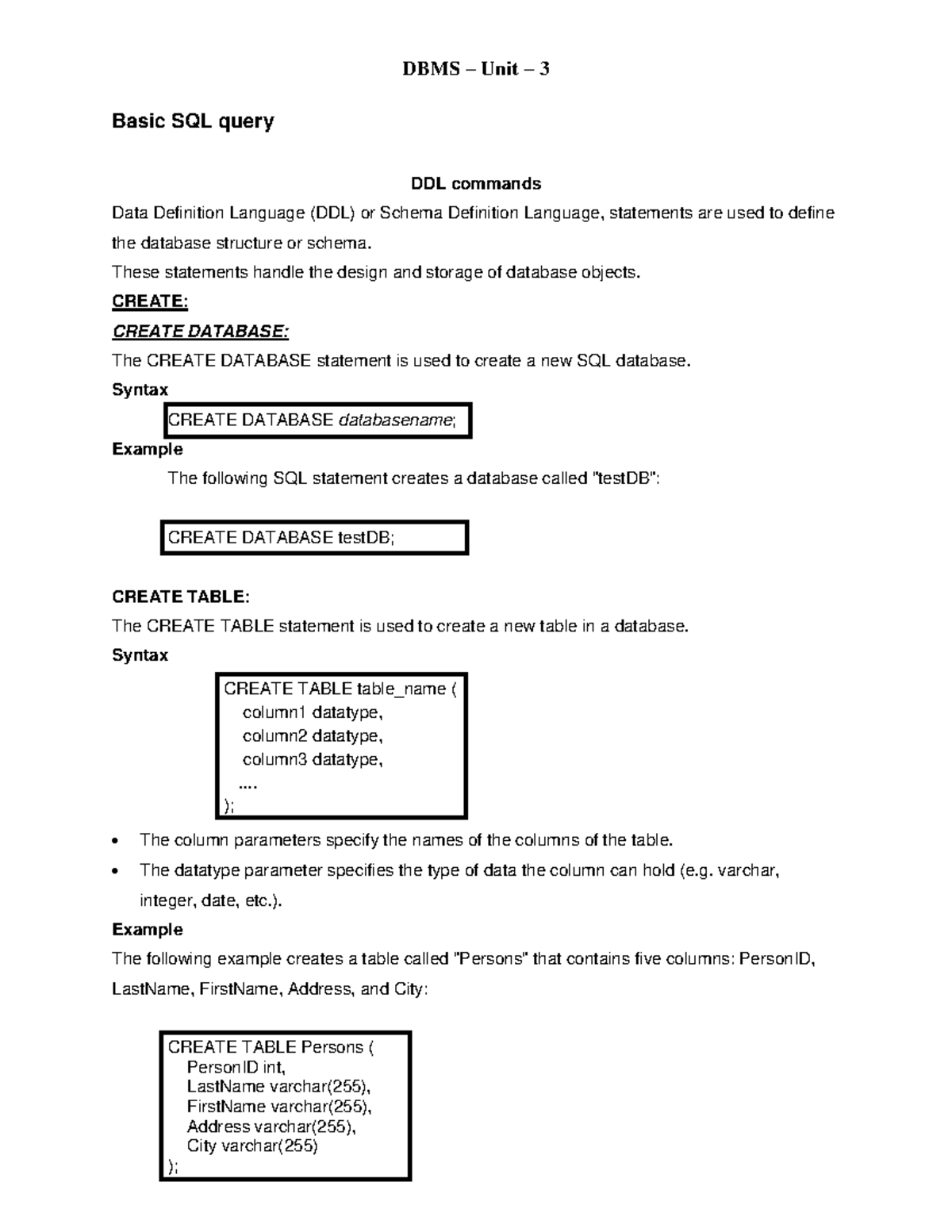 DBMS-U3 Notes - ... - DBMS – Unit – 3 Basic SQL query DDL commands Data ...