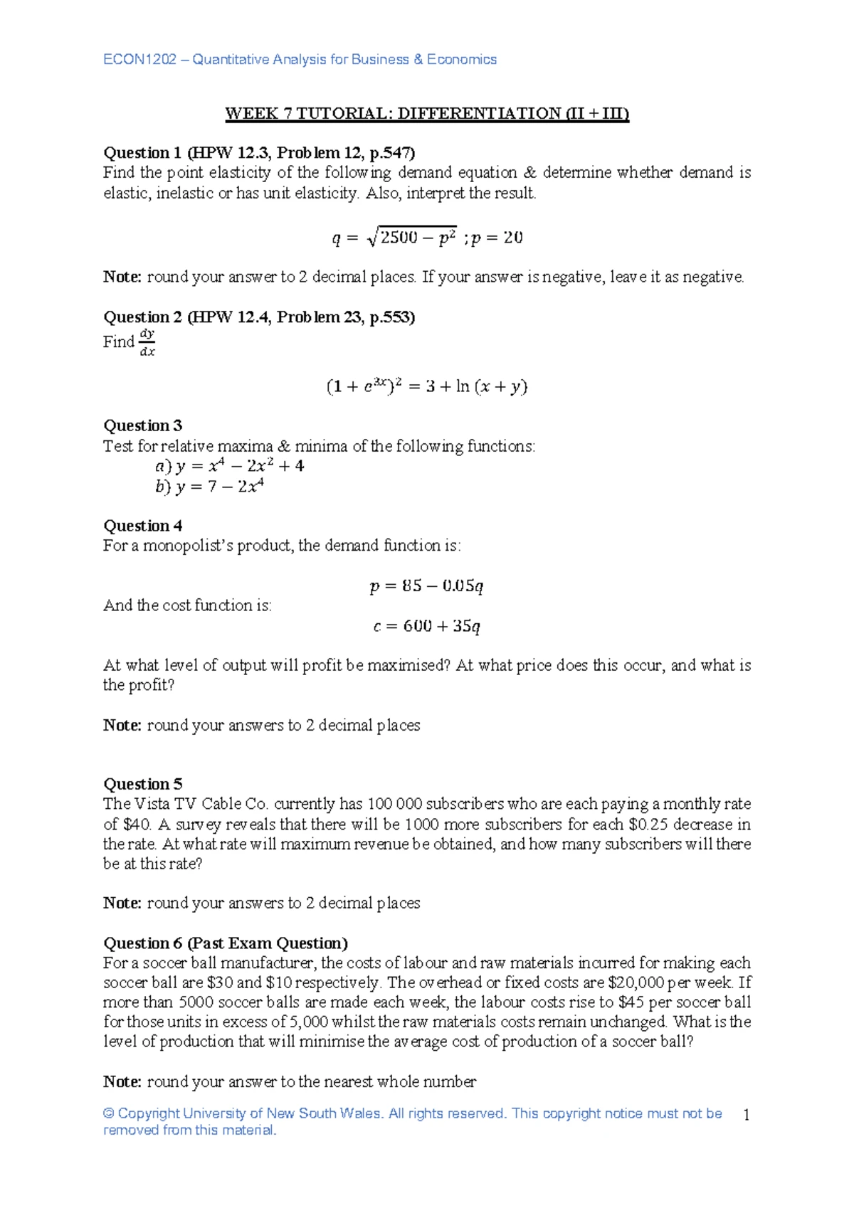 ECON1202 Week 9 Tutorial Questions on Multivariable Calculus I - Studocu