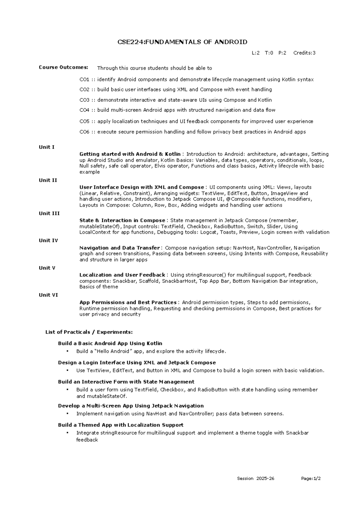 CSE224: Fundamentals of Android - Course Syllabus and Outcomes - Studocu