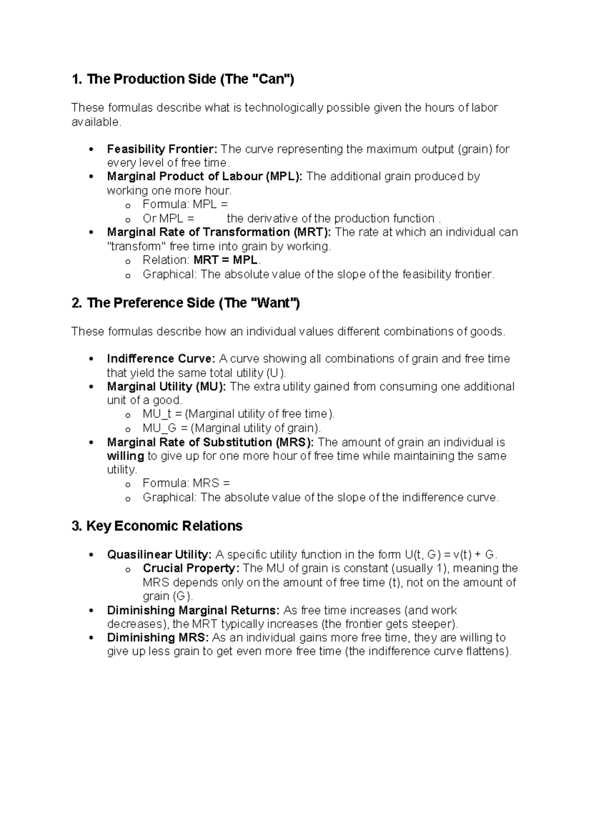 ECON 101: Production and Preference Formulas Overview - Studocu