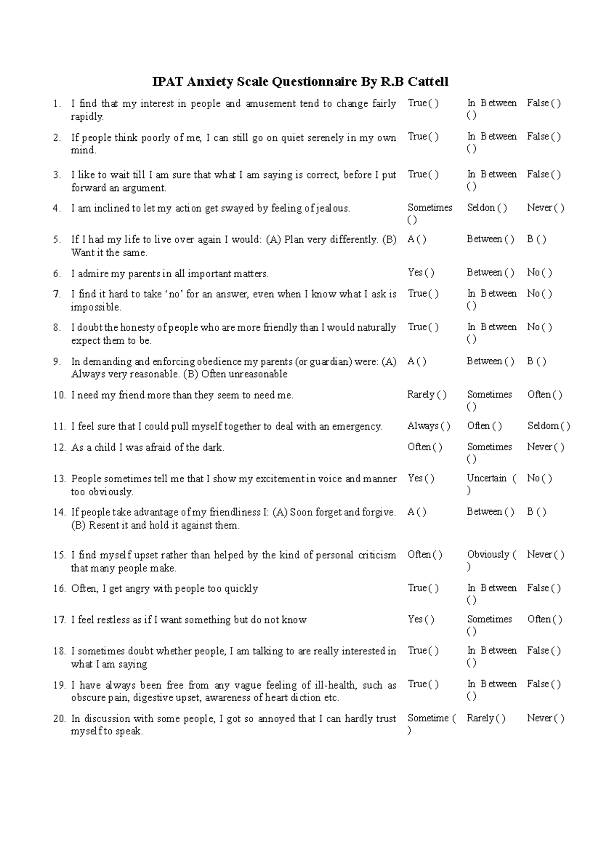 IPAT Anxiety Scale Questionnaire: Assessment Tool for Anxiety - Studocu