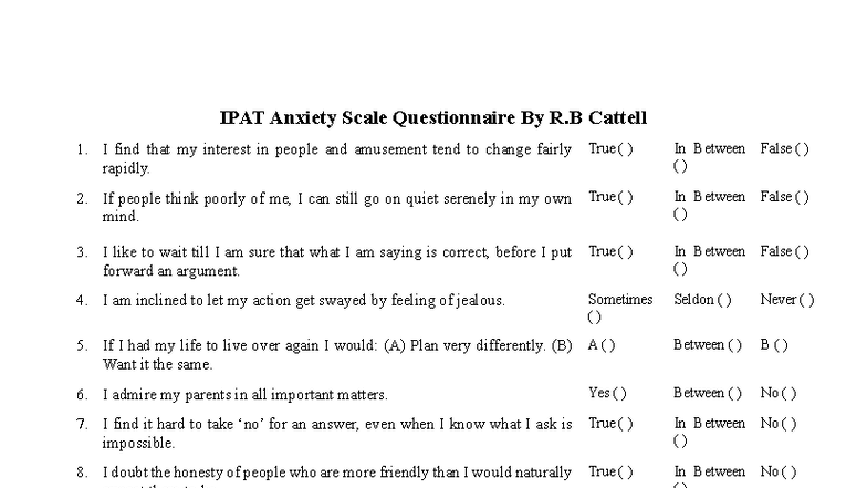IPAT Anxiety Scale Questionnaire: Assessment Tool for Anxiety - Studocu