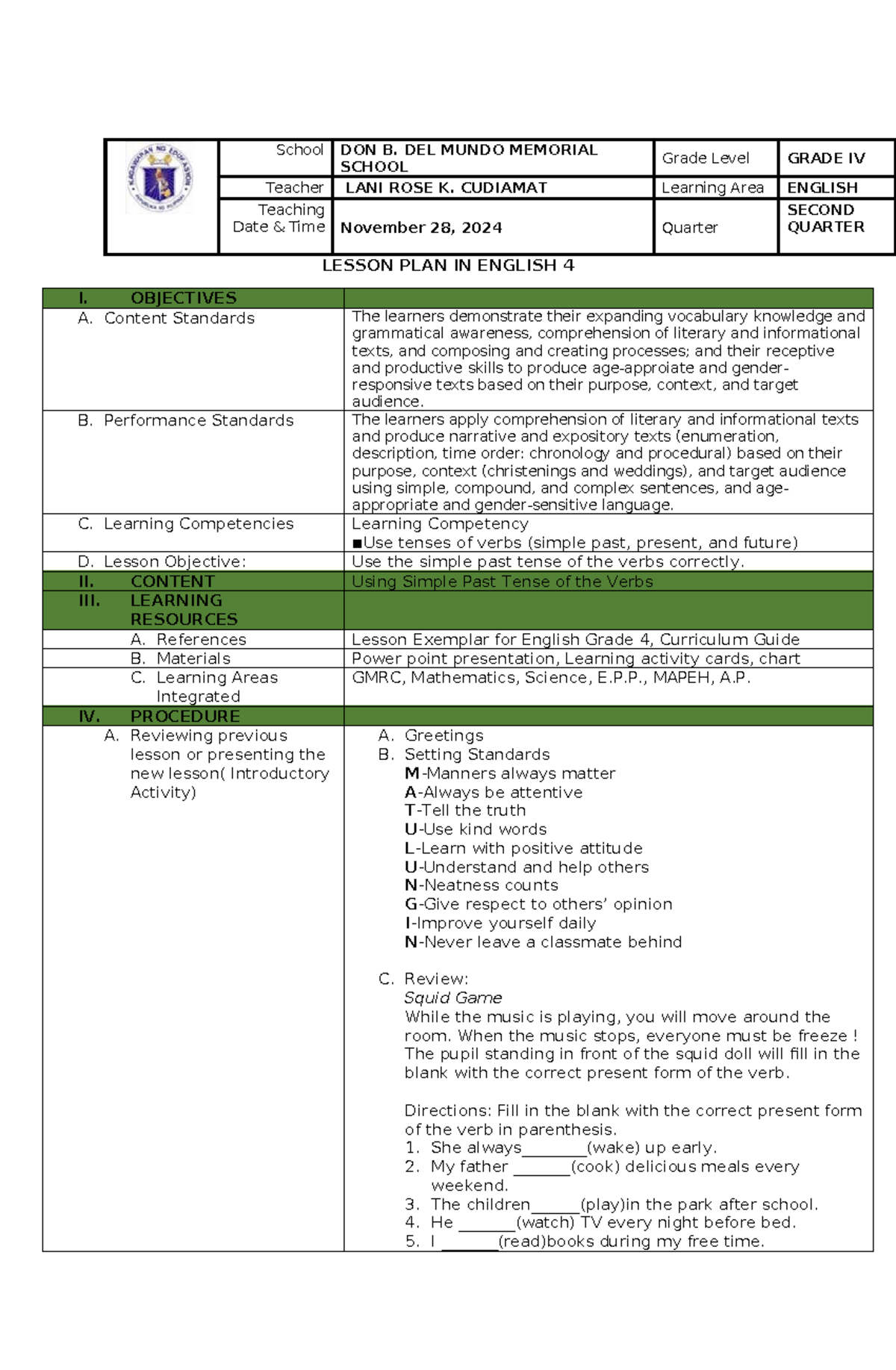 Grade IV English Lesson Plan: Simple Past Tense Activities - Studocu
