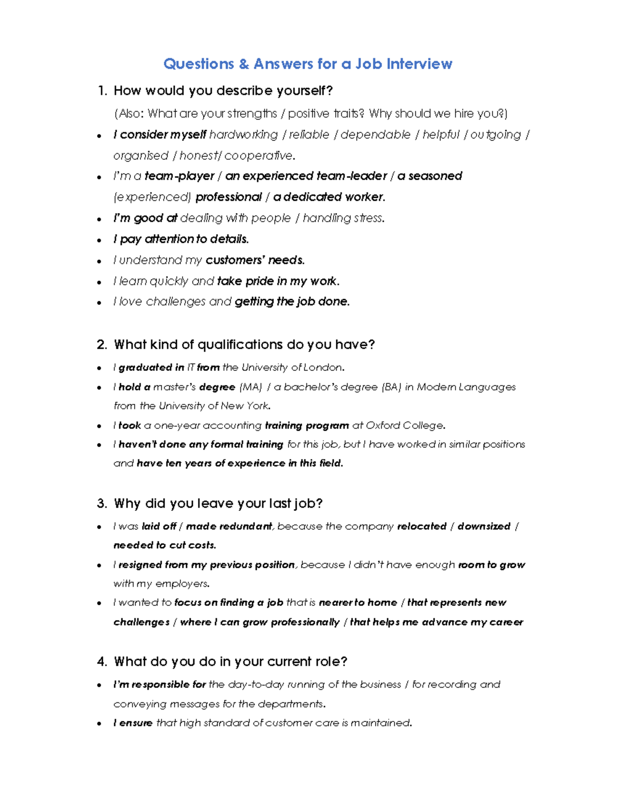 Job Interview Questions & Answers Guide - Studocu