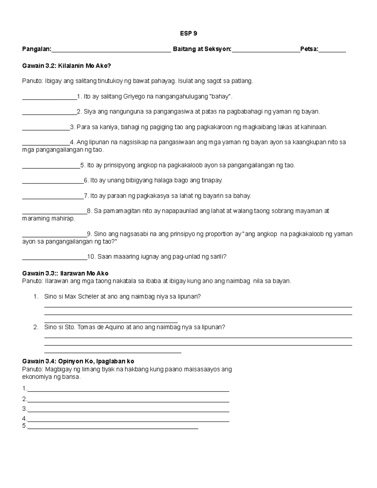 ESP 9 Summative Test No. 2 - Assessment Questions and Answers - Studocu