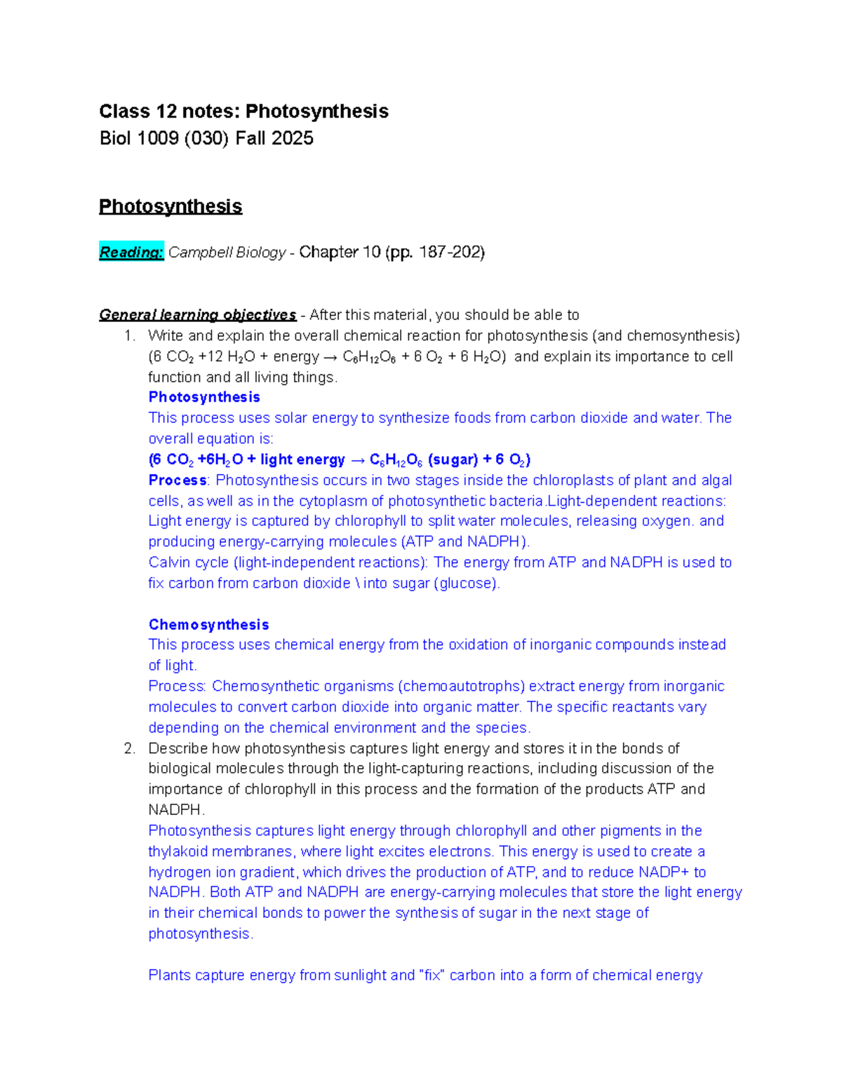 Class 12 Lecture Notes: Photosynthesis Overview - BIOL 1009 (030) Fa25 ...