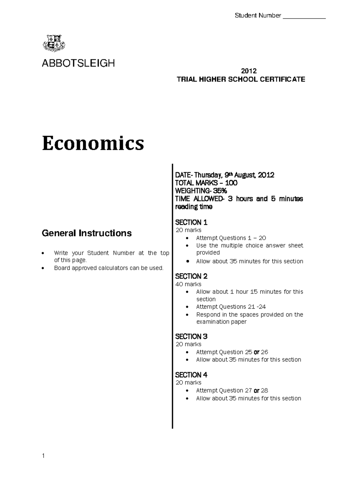Abbotsleigh HSC Economics 2012 Trial Exam & Solutions - Studocu
