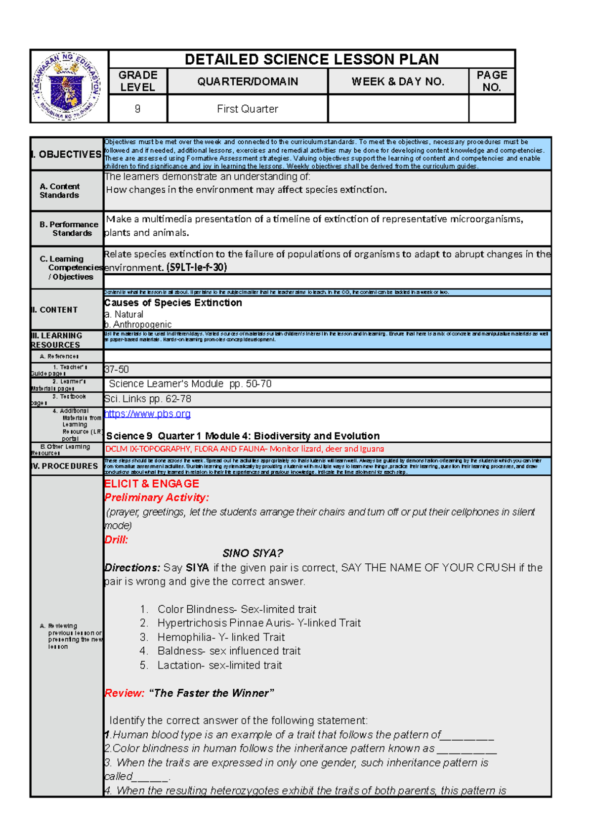 SCI 9: Detailed Lesson Plan on Biodiversity and Species Extinction ...