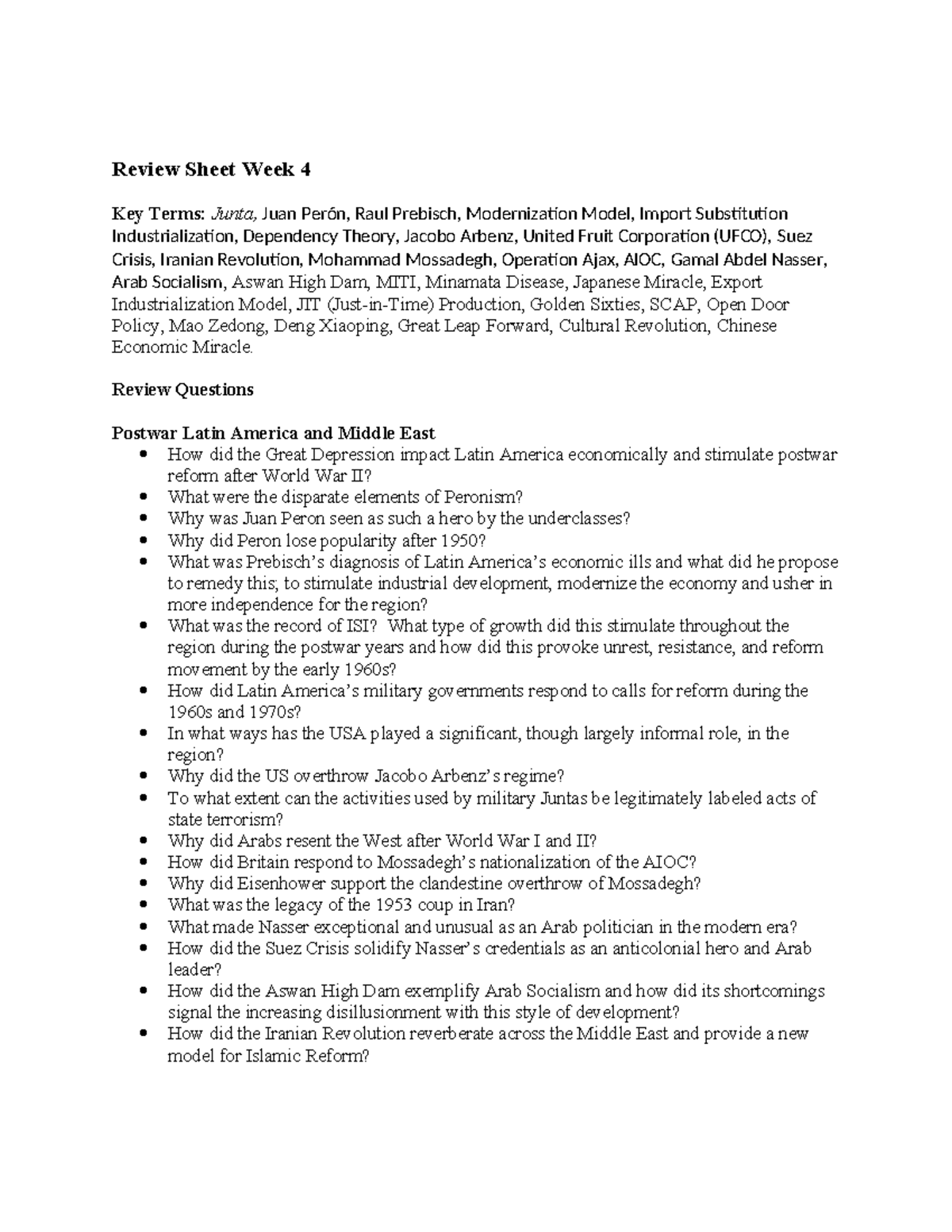 Review Sheet Week 4: Key Terms & Questions on Latin America & Middle ...