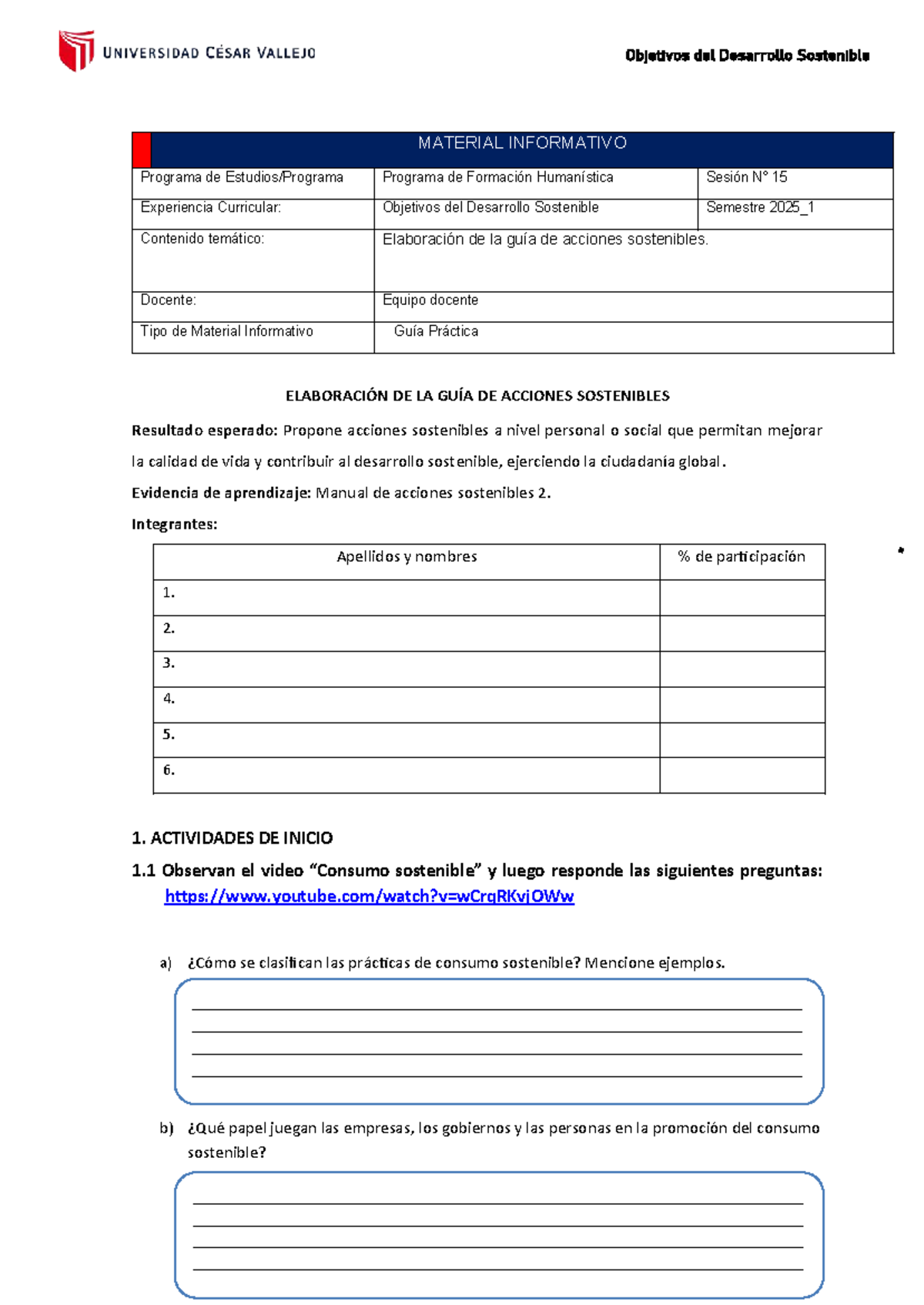 Guía Práctica N° 15: Acciones Sostenibles ODS 2025 - Studocu