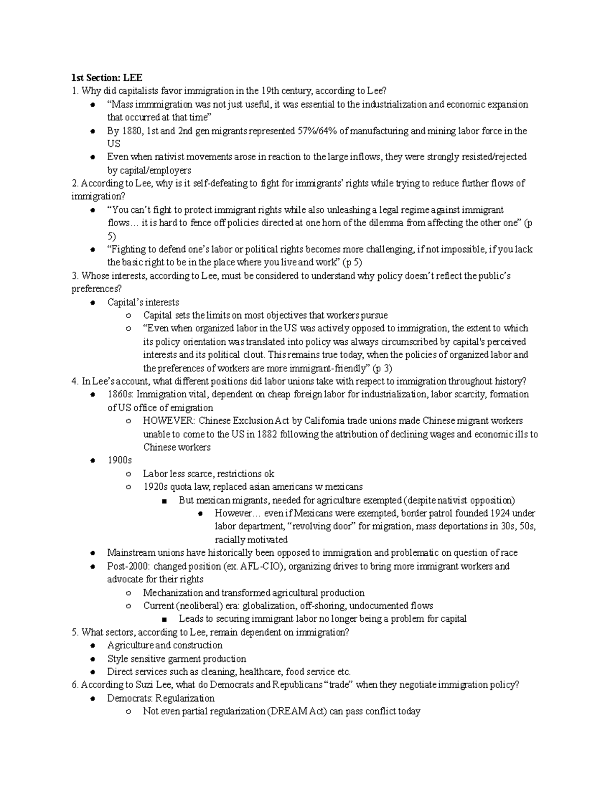 Human Rights LEE Final Study Guide: Immigration Politics & Labor ...