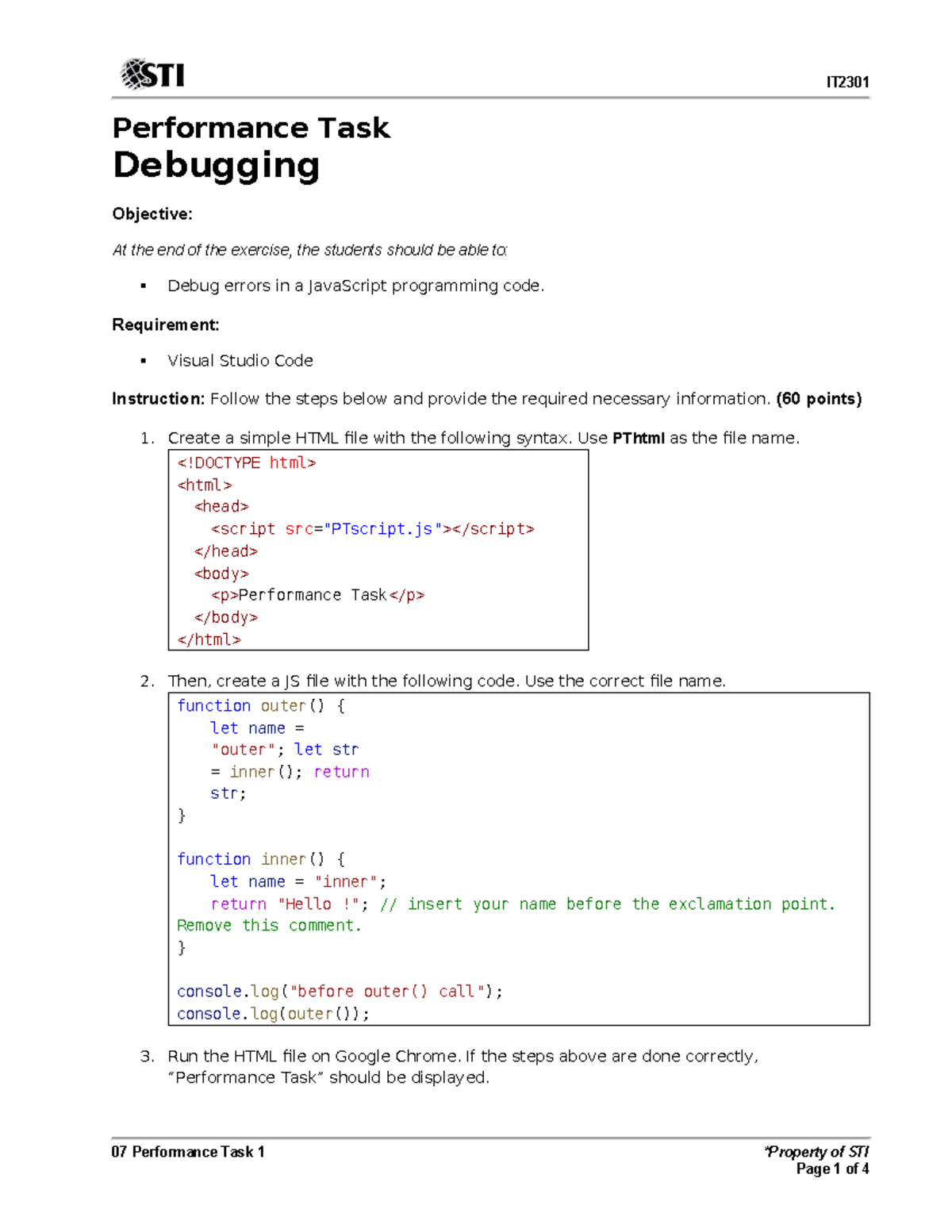 IT2301 Performance Task: Debugging JavaScript Code Instructions - Studocu