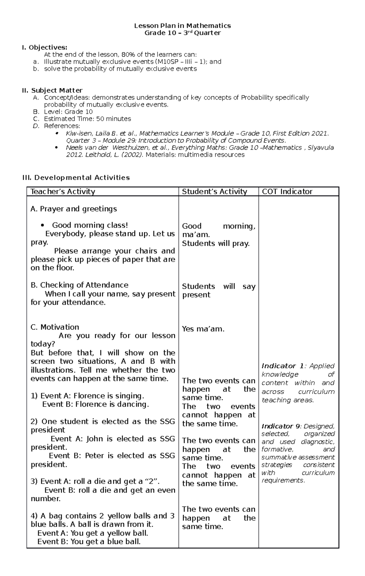 Lesson Plan in Probability - Lesson Plan in Mathematics Grade 10 – 3rd ...