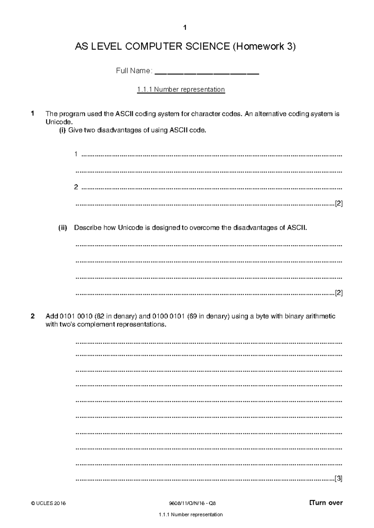AS Level Computer Science (Homework 3): Number Representation - ASCII ...