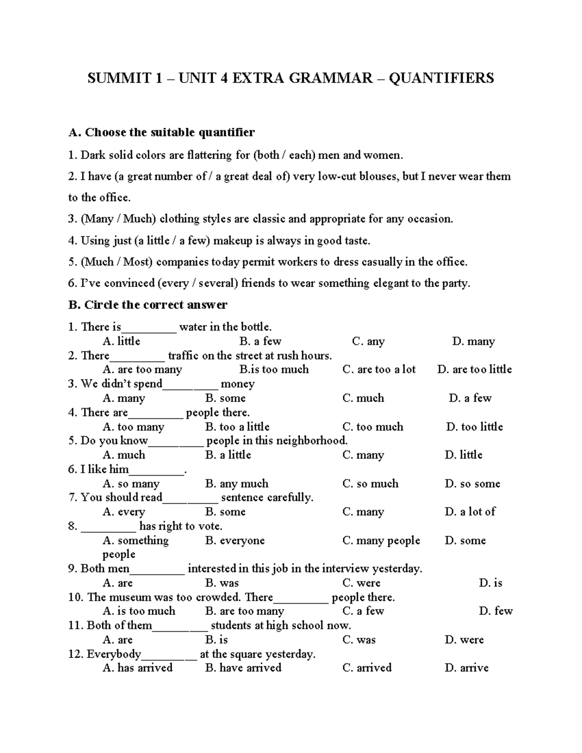U4 L2 Extra Grammar Practice: Essential Quantifiers Exercises - Studocu